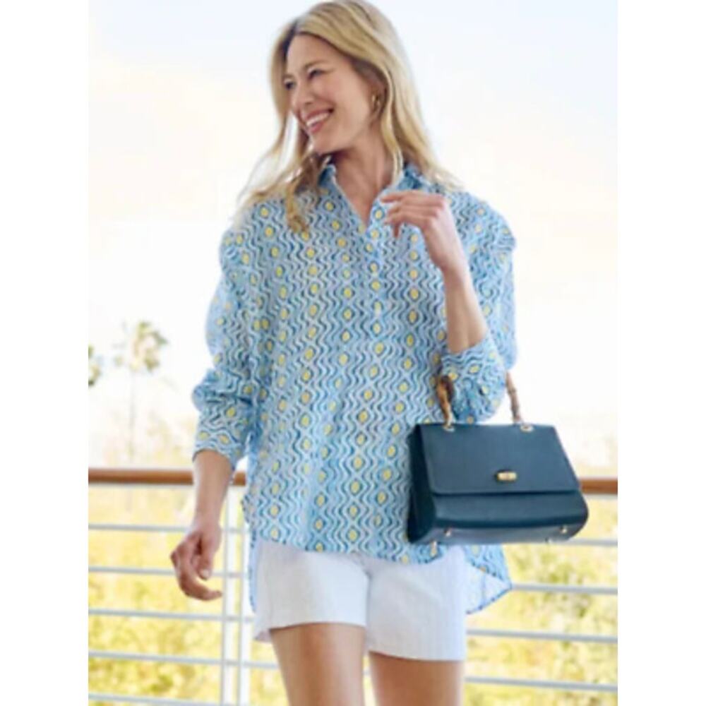J.Mclaughlin Women's Blue Yellow White Fallon Loose Fit Linen Blouse Size XS